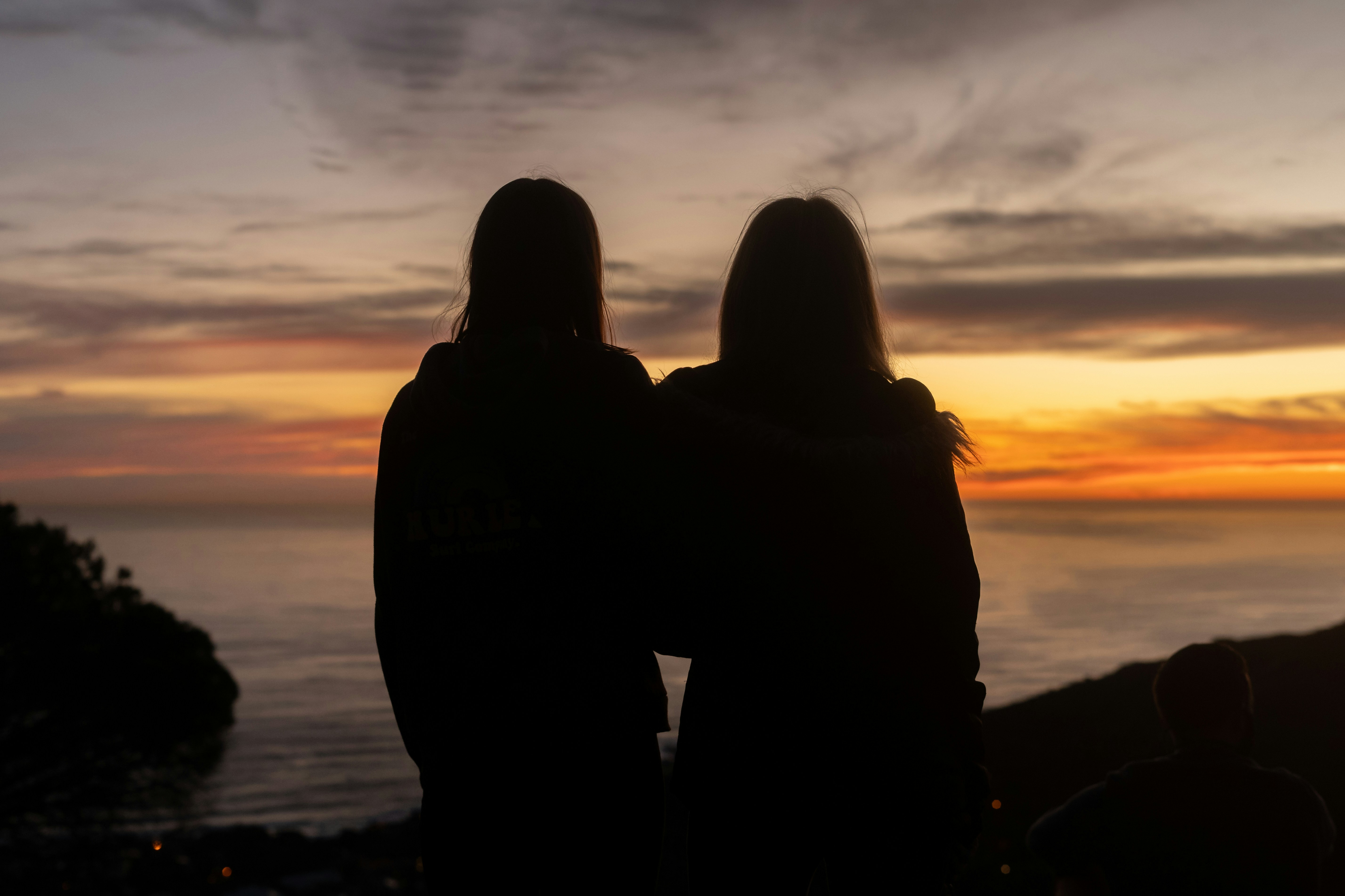 Two friends watching the sunset over the ocean