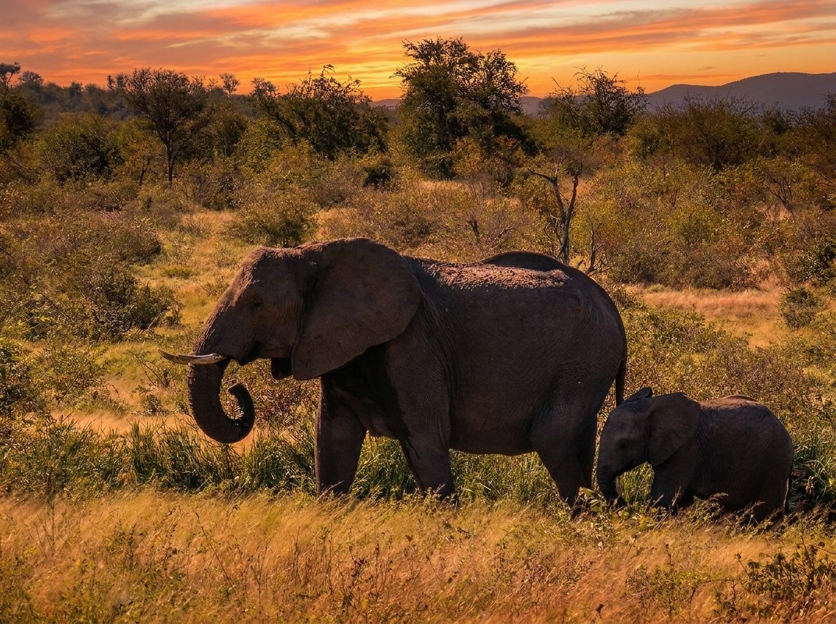 A mother elephant and her calf in golden grassland at sunset in the South African bush